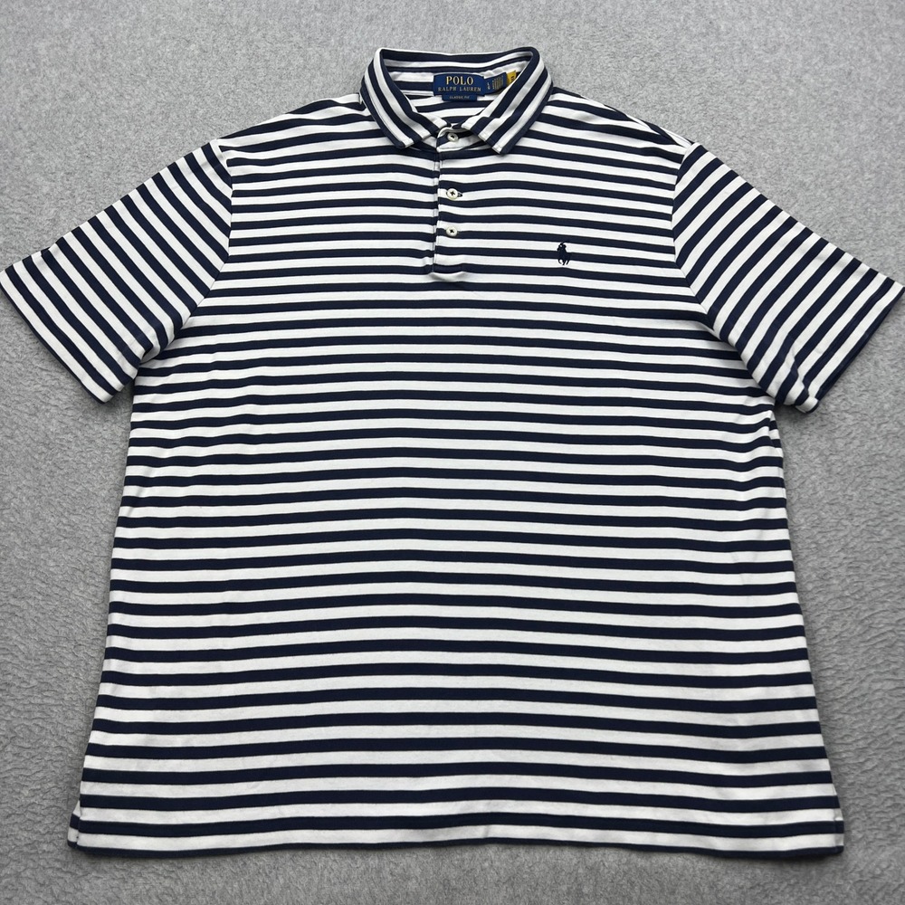 Polo Ralph Lauren Shirt Mens Large Navy Striped Classic Fit Knit Short Sleeve